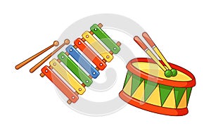 Kids Toys, Colorful Drum With Sticks, Producing Rhythmic Beats. Xylophone With Vibrant Keys, Creating Melodious Tunes