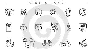 Kids and Toys concept line style vector icons set.