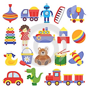 Kids toys. Game toy peg-top teddy bear drum yellow duckling dinosaur rocket childrens cubes robot. Baby toddler toy vector