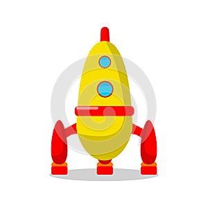 Kids toys isolated on white background. Vintage plastic toy rocket, space ship, shuttle. Childhood concept. Vector cartoon design