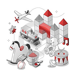 Kids toys - isometric black and red line illustration