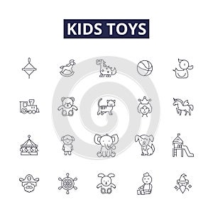 Kids toys line vector icons and signs. Kids, Stuffed, Dolls, Action-figures, Building-blocks, Plush, Games, Puzzles