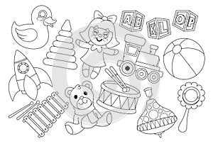 Kids Toys Outline Vector Icons Set. Rubber Duck, Pyramid, Doll or Train. Cubes, Rocket, Teddy Bear and Xylophone, Drum