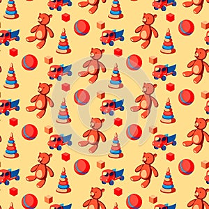 Kids toys seamless pattern with bear, ball, truck dump, rainbow rings and building blocks. Vector modern endless background for