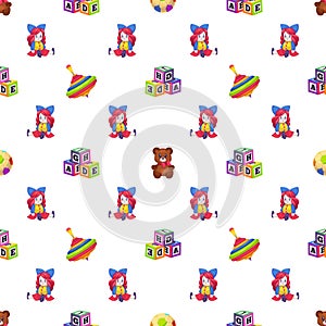Kids toys. Seamless pattern children playthings doll, whirligig and bear on white background, childish texture for