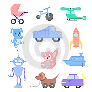 Kids toys set. Flat style illustration. Include baby carriage, bike, rocket, cars, boat, helicopter and plushy animals.