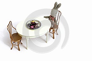 Kids toys. Set of toy furniture table with chairs. Little bunny drinks tea.