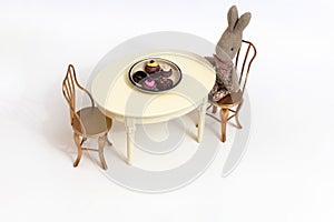 Kids toys. Set of toy furniture table with chairs. little bunny drinks tea.