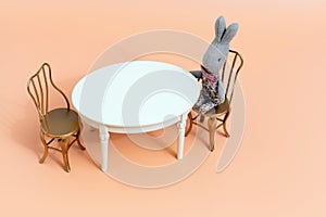 Kids toys. Set of toy furniture table with chairs. little bunny drinks tea.