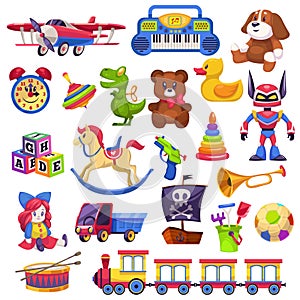 Kids toys set. Toy kid child preschool house baby game ball train yacht horse doll duck boat plane bear car pyramid