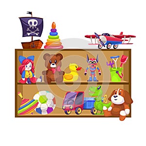 Kids toys shelves. Toy kid shop wood shelf doll bear baby game plane colorful pyramid piano rattle car rabbit duck flat