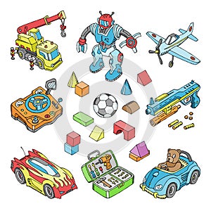 Kids toys vector cartoon boyish games in playroom and playing with car or children blocks illustration isometric set of