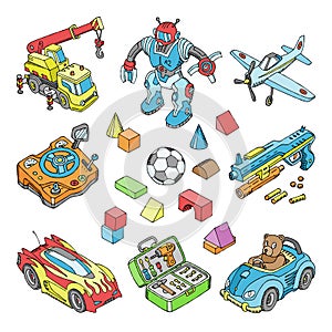 Kids toys vector cartoon boyish games in playroom and playing with car or children blocks illustration isometric set of photo
