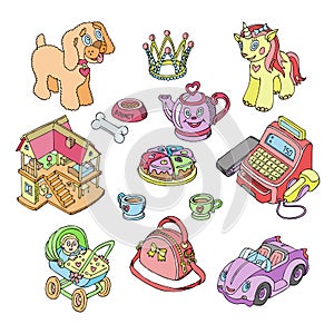 Kids toys vector cartoon games for children in playroom and playing with childish car or girlish doll stroller