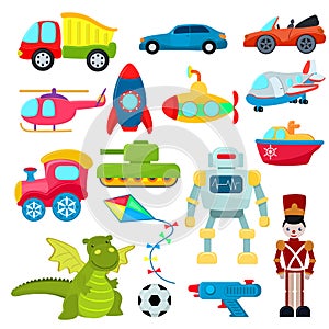 Kids toys vector cartoon games helicopter or ship submarine for children and playing with boys car or train illustration