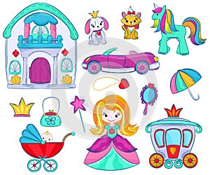 Kids toys vector cartoon girlie games for children in playroom and playing with childish car or girlish doll stroller