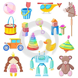 Kids toys vector icons set. Color toy for baby boy and girl, cartoon illustration