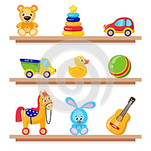 Kids toys on wood shop shelves. Including horse, teddy bear, ball, cubes toys