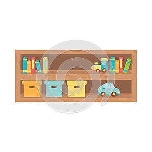 Kids toys wooden shelf with book car train and boxes isolated icon design white background