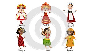 Kids in Traditional Costumes Set, Ukraine, Russia, Finland, Ethiopia, Hawaii, Nigeria Vector Illustration