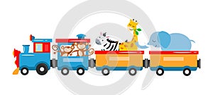 A kids train with animals, elephant, giraffe, zebra, lions, panda, lemur travel by train