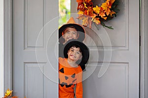 Kids trick or treat. Halloween. Child at door