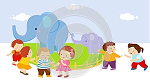 Kids with two elephants in zoo