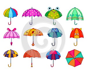 Kids umbrella vector childish umbrella-shaped rainy protection open and children dotted parasol illustration set of photo