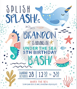 Kids under the sea birthday party invitation card