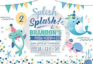 Kids under the sea birthday party invitation card