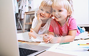Kids using computer online technology to art creative, drawing or making crafts