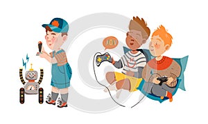 Kids using modern devices set. Boys playing computer games and controlling robot cartoon vector illustration