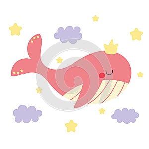 Kids vector cartoon illustration of a cute pink dreamy baby whale in a crown. Little princess.