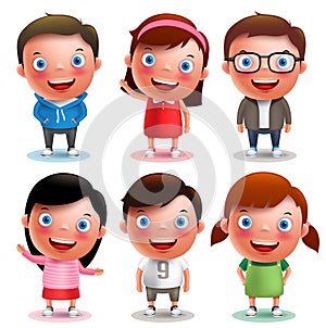 Kids vector characters boys and girls set with happy smile and different outfits