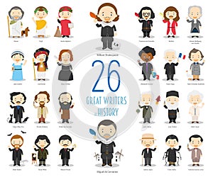 Set of 26 great writers of History in cartoon style photo