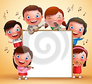 Kids vector characters playing musical instruments and singing with blank white photo