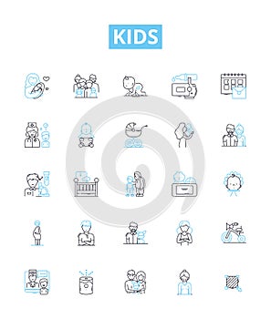 Kids vector line icons set. Children, Toddlers, Babies, Preschoolers, Juveniles, adolescents, Teenagers illustration