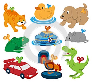 Kids vector toys clockwork key mechanism mechanic cartoon animals in toyshop for child clock work car and boat in photo