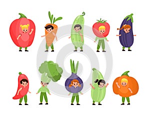 Kids vegetables dressed. Children costume party, fancy little fruits, cute happy boys and girls wearing veggies pajamas