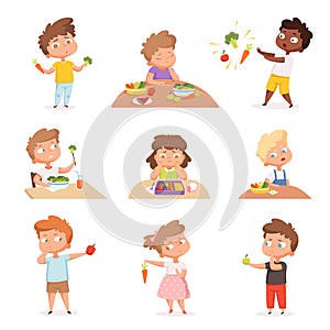 Kids and vegetables. Little hungry children eating fast food dont like fruits and healthy products vector cartoon