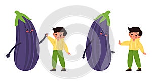 Kids with vegetables. Small children and big eggplants. Happy and unhappy boy with healthy food. Dairy vegetarian