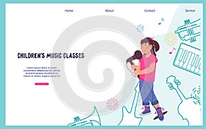 Kids vocal classes and music education website banner, flat vector illustration.