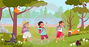 Kids walking in forest. Kid explore nature, children on natural activities. Child walk and exploring wildlife, girl boy