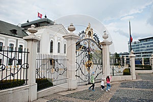 Kids walking at Grassalkovich Palace, Bratislava, Europe. Residence of the president of Slovakia in Bratislava