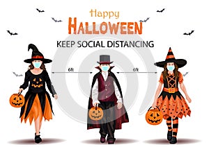 Kids walking on Halloween trick or treat. Halloween costumes with candy bags. keep social distancing. vector illustration. covid