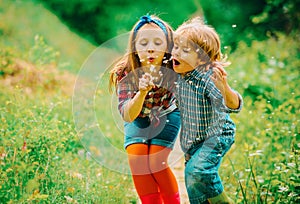 Kids walking in summer field. Little friends blowing dandelion seeds together in a park. Smiling and laughing kids