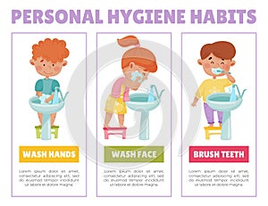 Kids Washing Hand, Face and Brushing Teeth Vector Banner Template