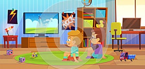 Kids watch tv. Children interior, child boy teenagers apartment, boys sitting with friend and watching cartoons in room photo