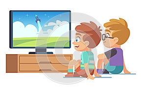 Kids watch tv. Children movie home boy girl watches tv set displaying picture screen character electric monitor cartoon