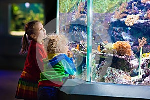 Kids watching fish in tropical aquarium